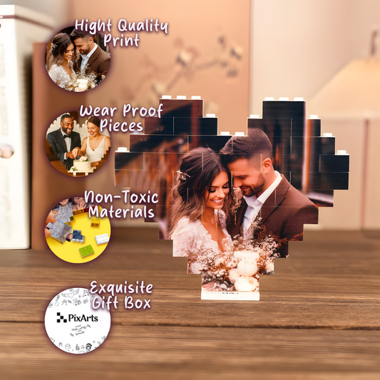 Customized Heart Photo Building Blocks with Stand – Personalized LEGO Style Gift for Couples