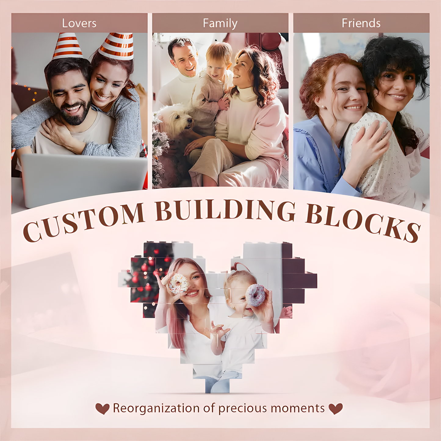 Customized Heart Photo Building Blocks with Stand – Personalized LEGO Style Gift for Couples