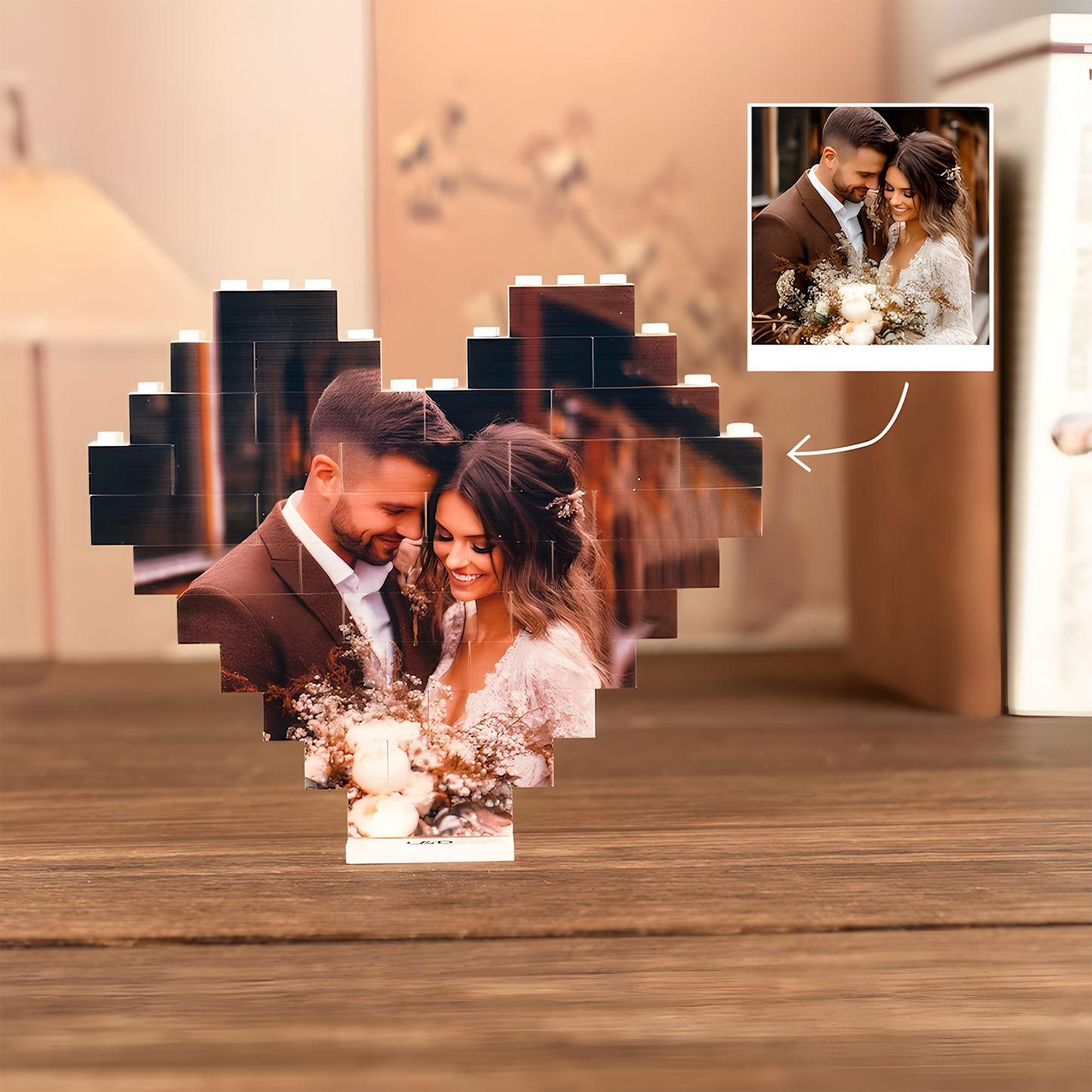 Customized Heart Photo Building Blocks with Stand – Personalized LEGO Style Gift for Couples