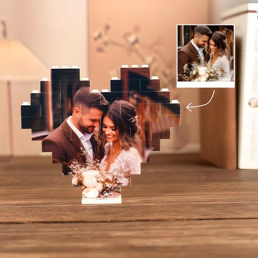 Customized Heart Photo Building Blocks with Stand – Personalized LEGO Style Gift for Couples