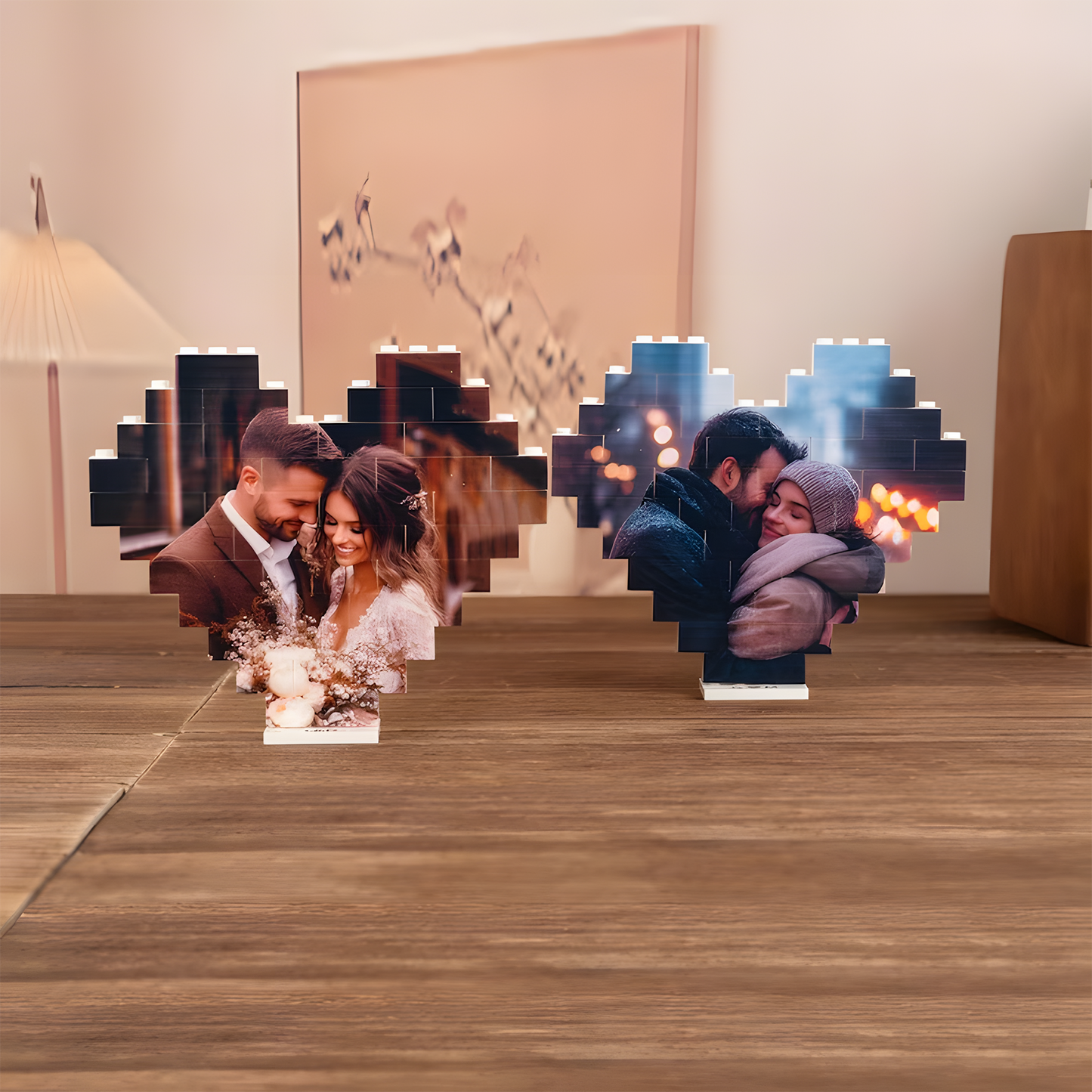 Customized Heart Photo Building Blocks with Stand – Personalized LEGO Style Gift for Couples